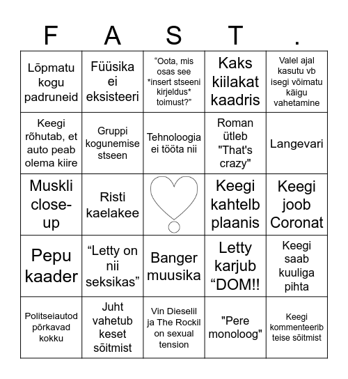 "Kiired ja vihased" ussikeste stiilis Bingo Card