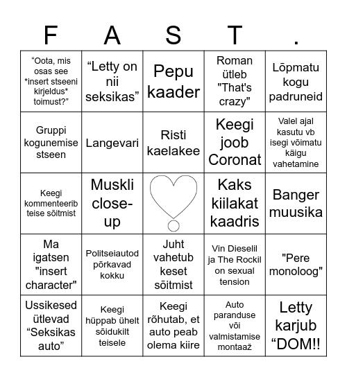 "Kiired ja vihased" ussikeste stiilis Bingo Card