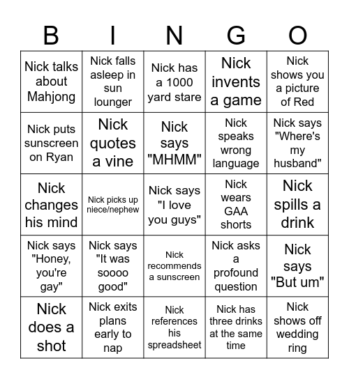 Nick and Ryan Wedding Week Bingo! Bingo Card