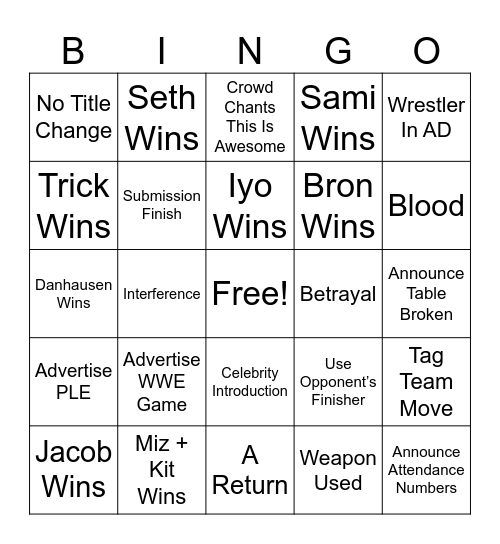 WWE Backlash Bingo Card