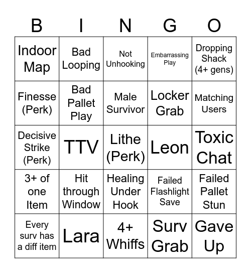 DBD Killer Bingo Card
