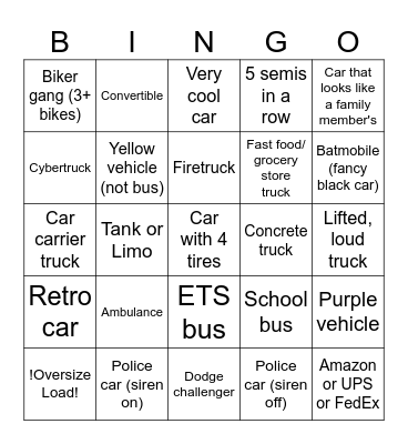 Car Bingo Card