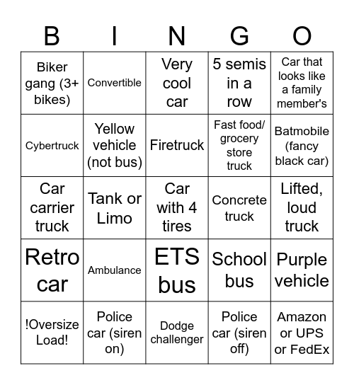Car Bingo Card