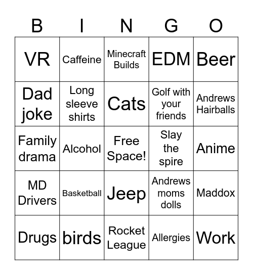 Drinking Bingo Card