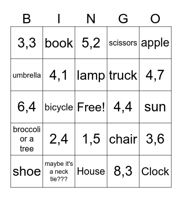 Coordinate Grid Bingo Card