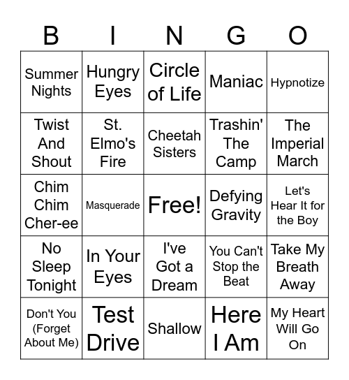 soundtracks and musicals Bingo Card