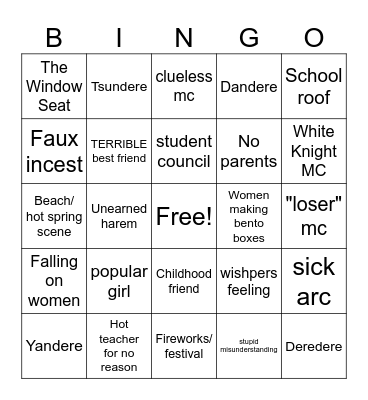 Romance Anime Bingo Card