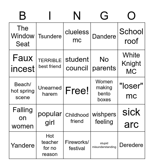 Romance Anime Bingo Card
