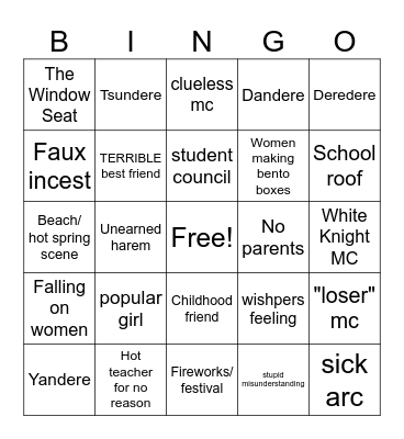 Romance Anime Bingo Card