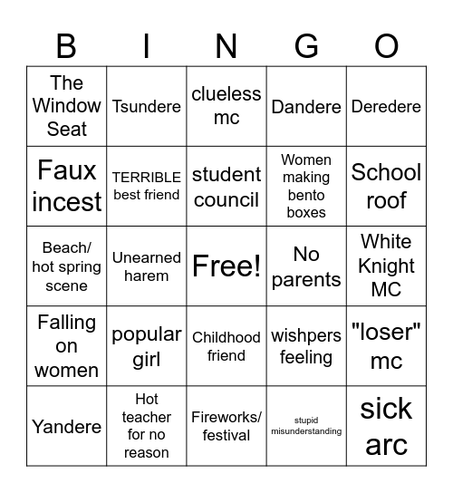 Romance Anime Bingo Card