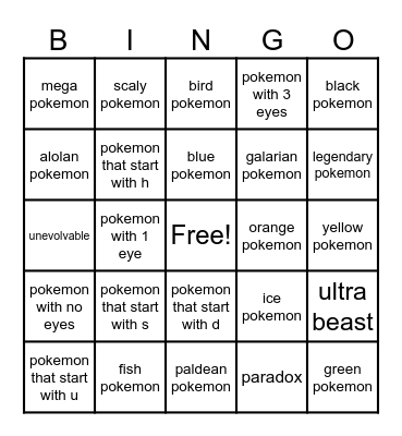 random pokemon bingo Card