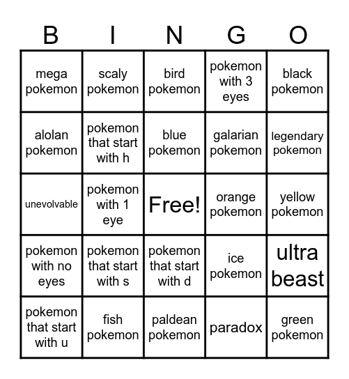 random pokemon bingo Card
