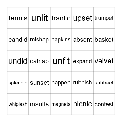 2 Syllable - Closed #1 Bingo Card