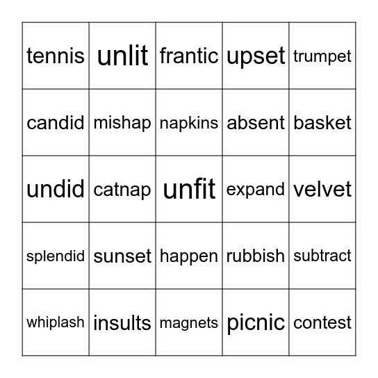 2 Syllable - Closed #1 Bingo Card