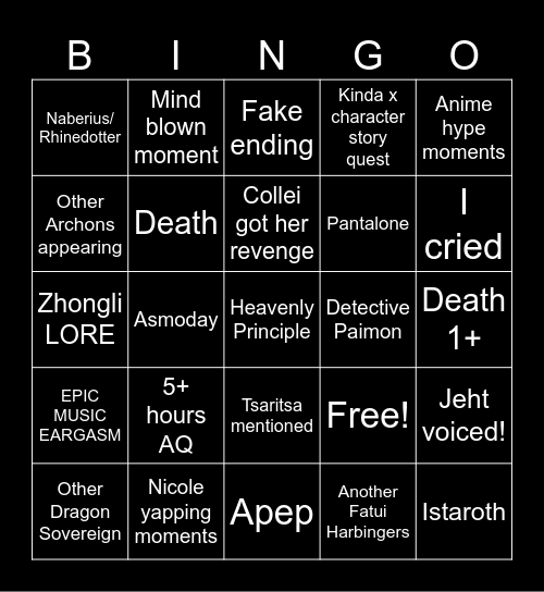 6.6( Luna 7) Genshin Archon Quest Bingo Card