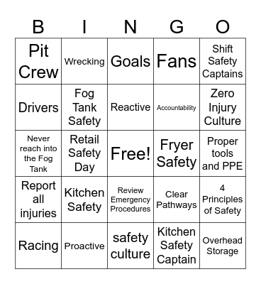 Safety Meeting Bingo Card