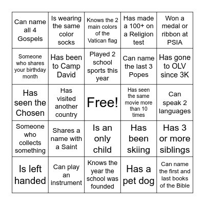 5th Grade Retreat Bingo Card