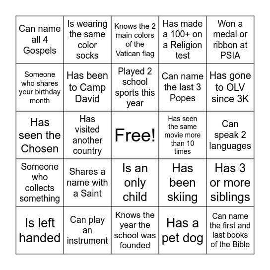 5th Grade Retreat Bingo Card