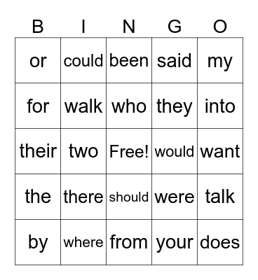 Heart Words Bingo Card