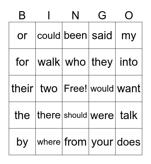 Heart Words Bingo Card