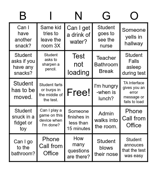 State Testing BINGO Card