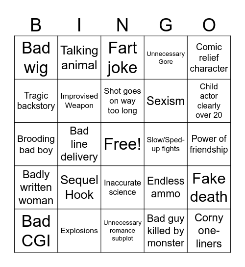 Bad Movie Bingo Card