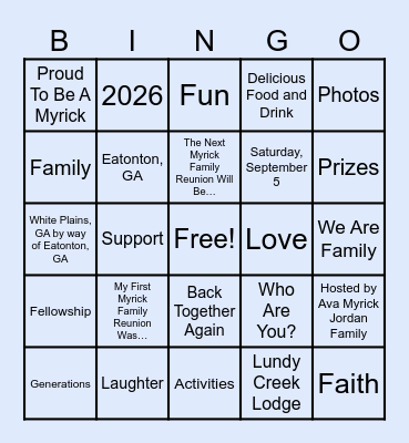 Myrick Family Reunion 2026 Bingo Card