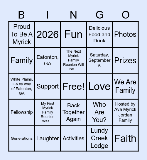 Myrick Family Reunion 2026 Bingo Card