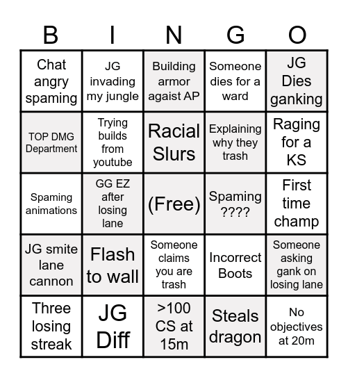 The Backseat League of Legends Bingo Card