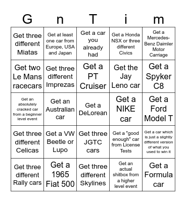 GT4 Random Prize Car Bingo Card