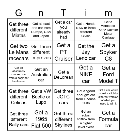 GT4 Random Prize Car Bingo Card
