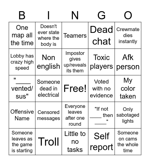 Public Among Us Lobby Bingo Card