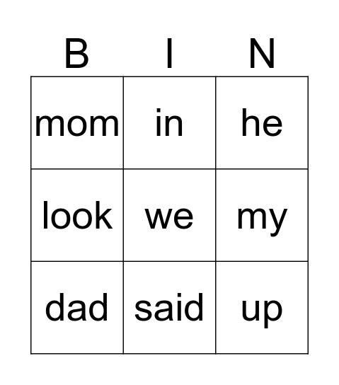 Sight Words Bingo Card