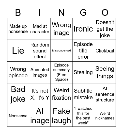 AI Sponge Tuber Bingo Card