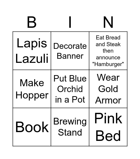 Minecraft Blackout Bingo Card
