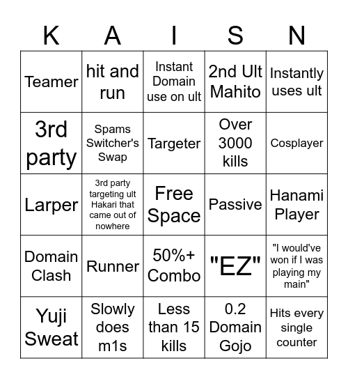 JJS Player Bingo Card