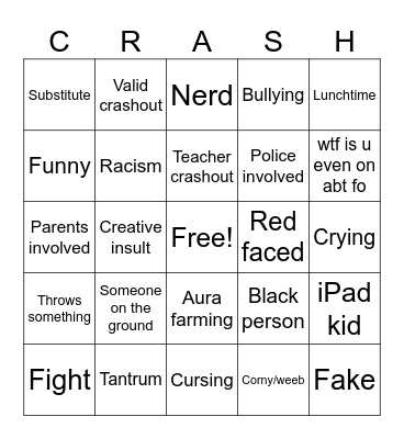 School Crashouts Bingo Card