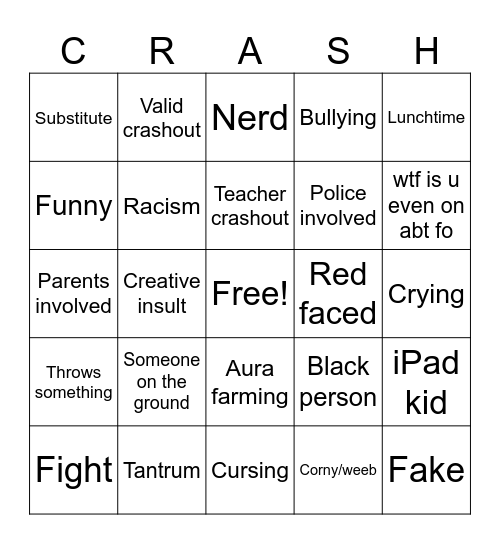 School Crashouts Bingo Card