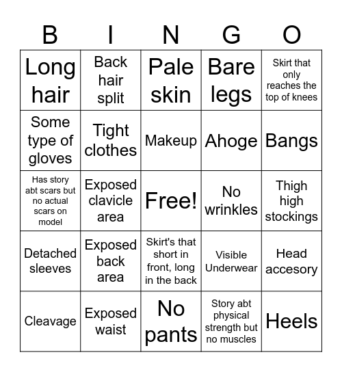 Genshin Impact Female Character Design Bingo Card