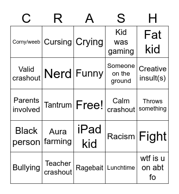 School Crashouts Bingo Card