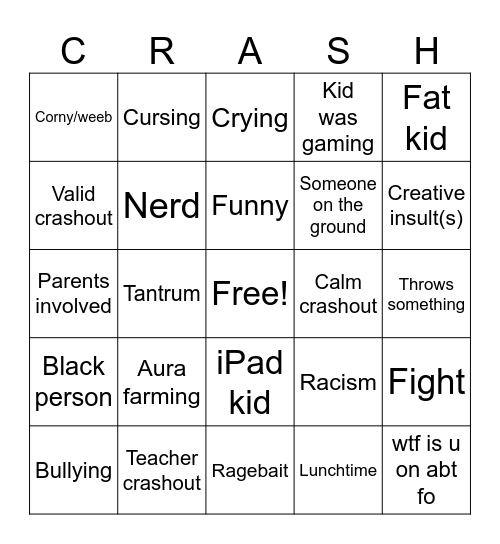 School Crashouts Bingo Card