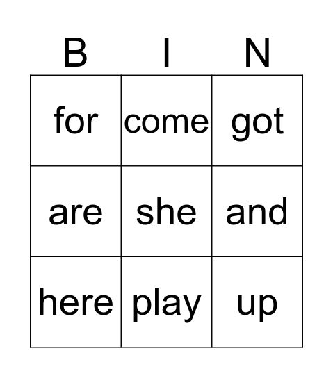 Sight Words Bingo Card