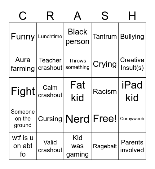 School Crashouts Bingo Card