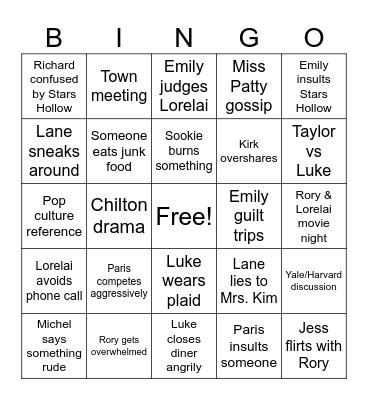 Season 2 Gilmore Girls Bingo Card