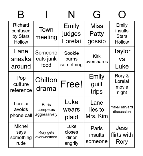 Season 2 Gilmore Girls Bingo Card