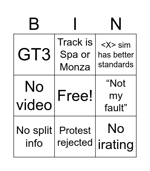 iRacing Reddit Bingo Card