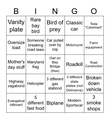 Road Bingo Card
