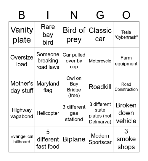 Road Bingo Card