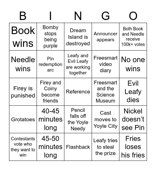 BFDIA 25 Predictions Bingo Card