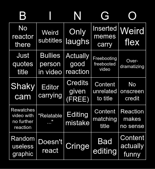 Reaction Bingo (like Jacksfilms) Bingo Card